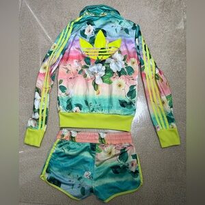 ADIDAS FLORARINA TREFOIL NEON MULTI COLOR SHORTS & TRACK JACKET SET SZ XS RARE